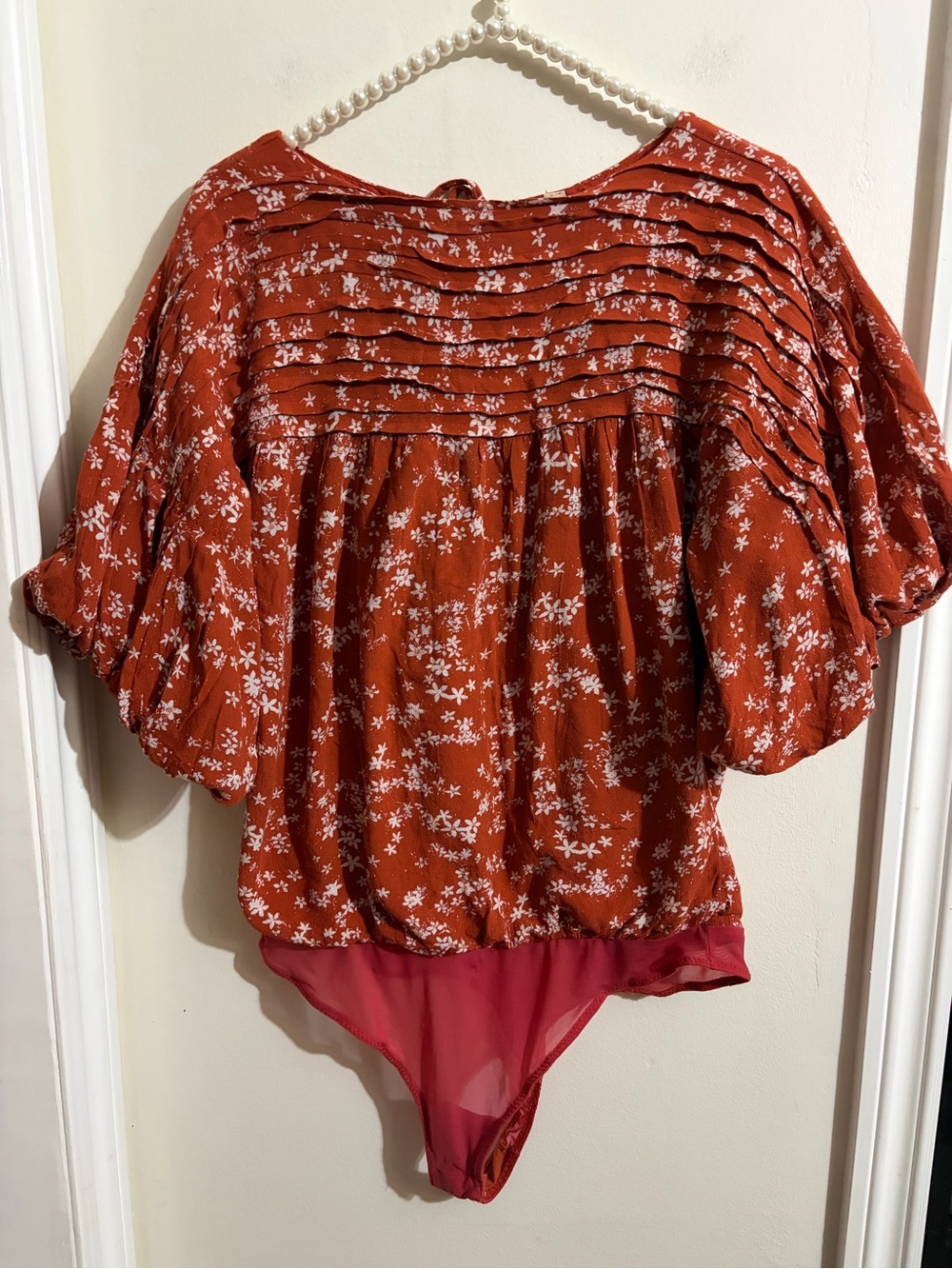 We The Free Rust Red Floral Pintucked Bodysuit Blouse